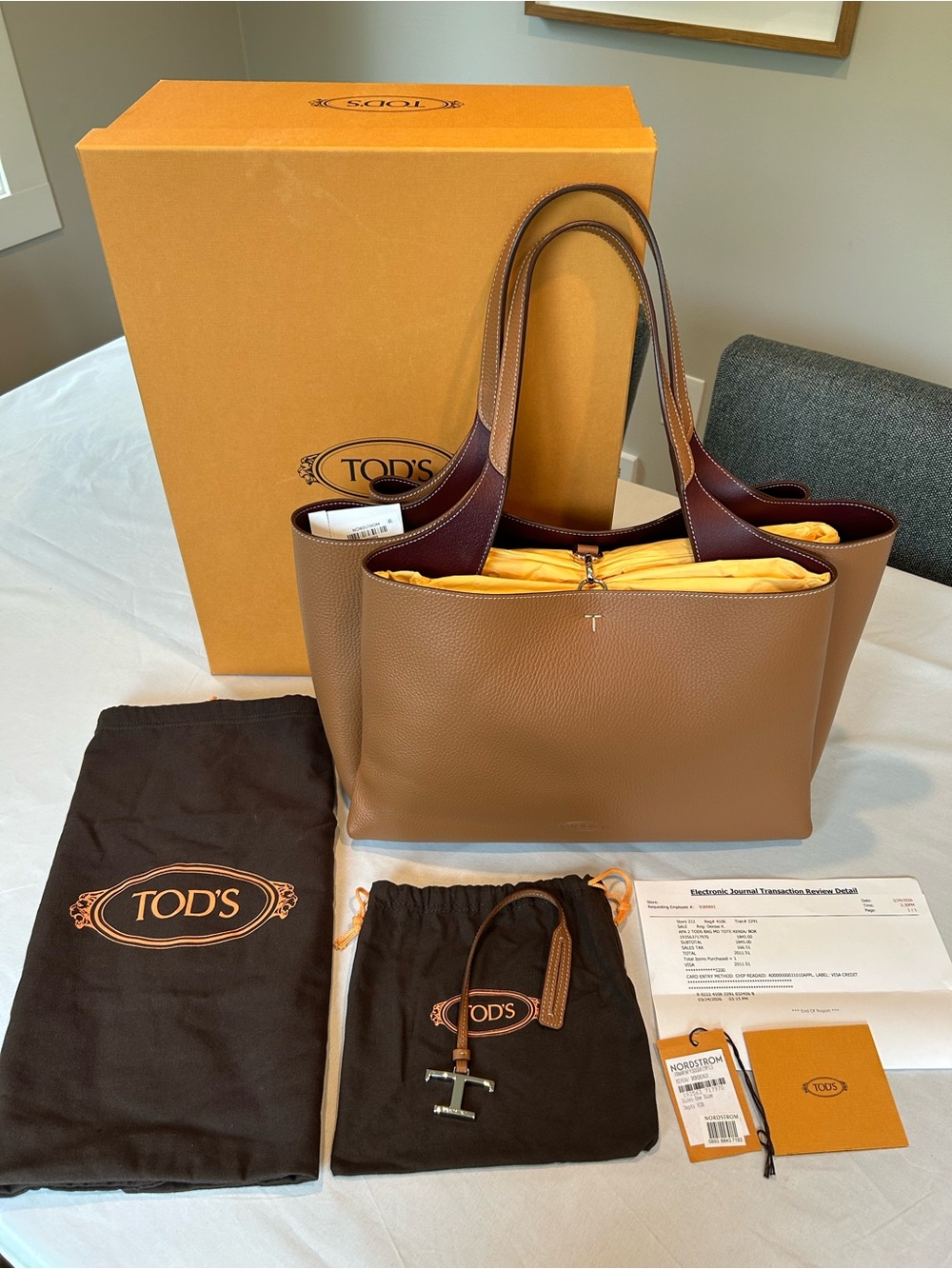 Tod's Tan and Dark Brown Leather Tote with Silver T Charm - Picture 12 of 12